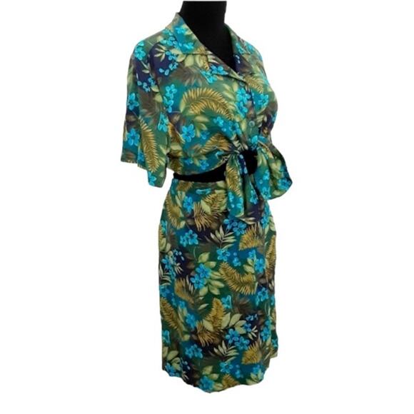 Vintage 80s Hawaiian Floral Two Piece Set High Rise Mini Skirt Button Crop Top L - Picture 2 of 14